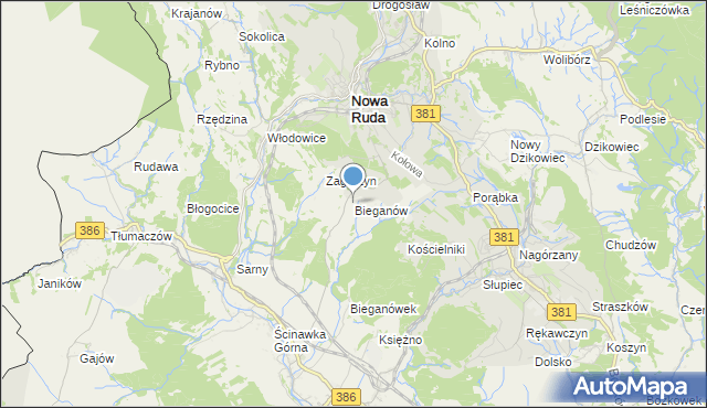 mapa Bieganów, Bieganów gmina Nowa Ruda na mapie Targeo